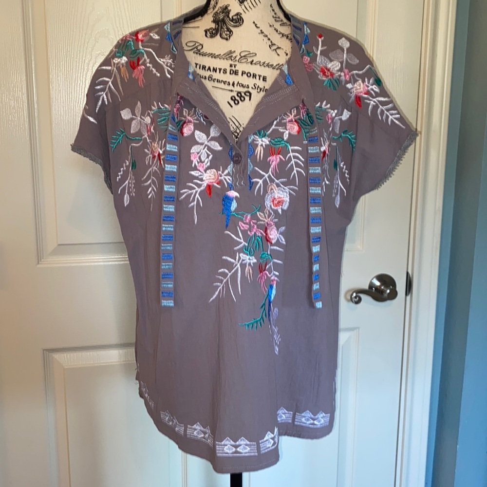 Adorable cool, flowy, gauzy summer grey blouse with colorful embroidery.